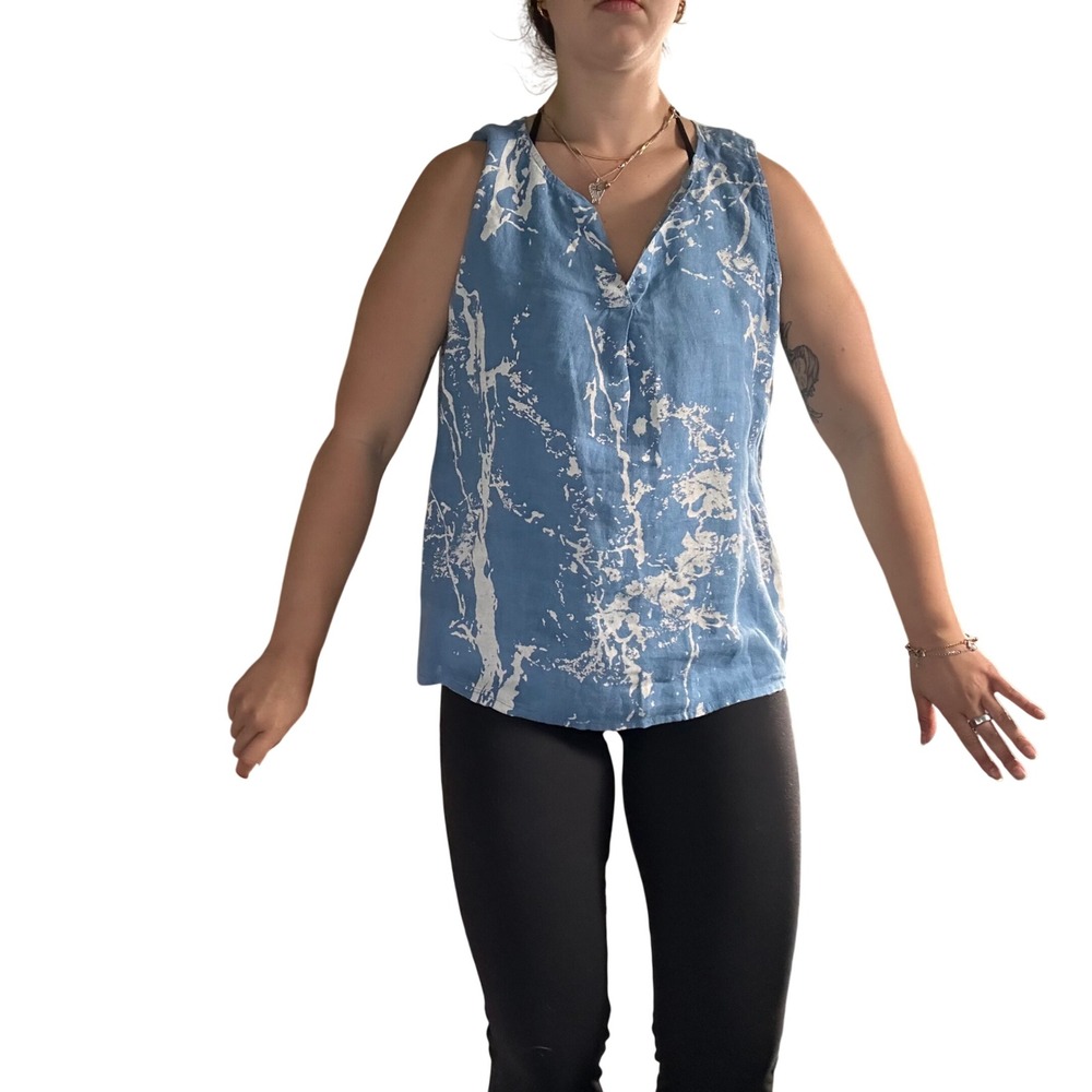 Lands Downunder Linen Tank Top Women L Blue White Abstract Marble Print Split V